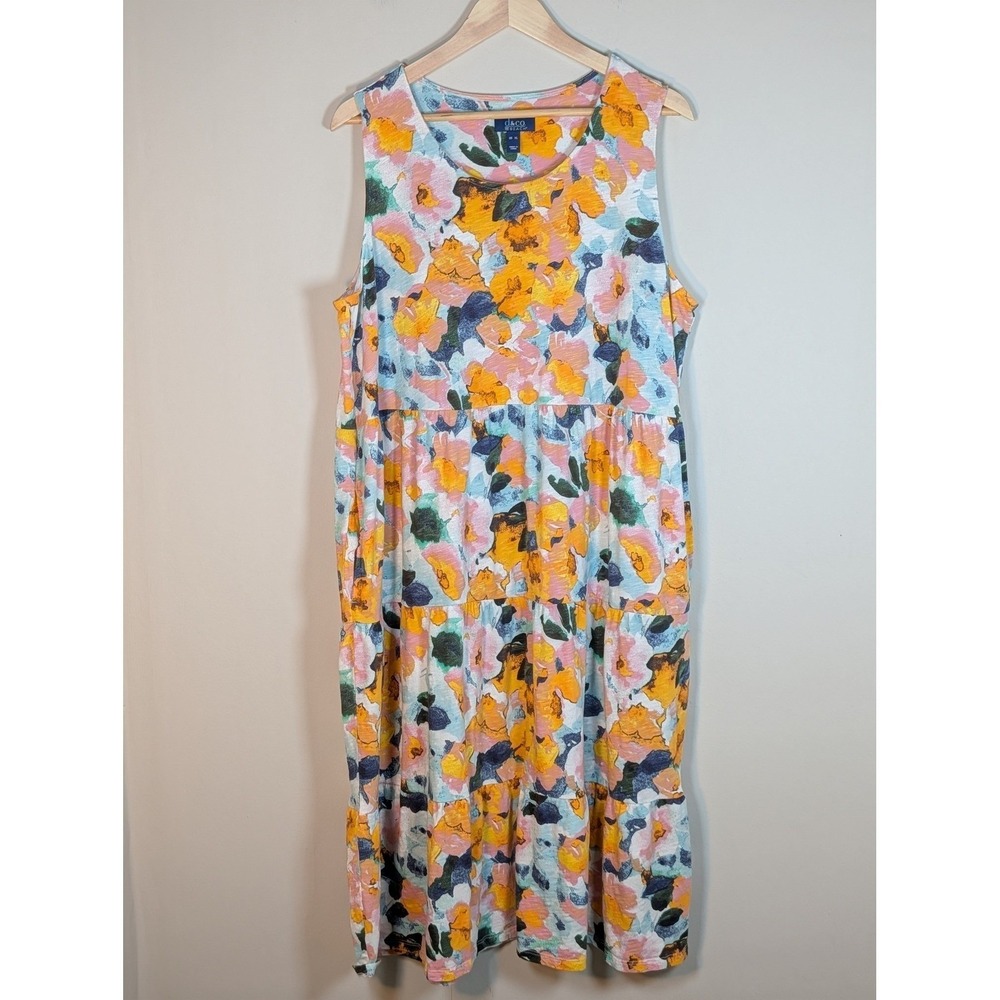 Denim&Co Beach Womens XL Floral Tiered Midi Dress Cotton Linen Blend Yellow Pink